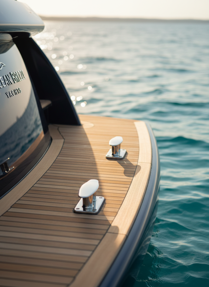 A meticulously detailed close-up of a yacht’s teak swim platform, water lapping gently against the stern. The warm, honey-toned teak planks show fine grain and precise caulking lines, interrupted only by polished stainless mooring cleats and discreet branding on the transom. Sunlit, crystal-clear water reflects subtle ripples of cyan and deep blue onto the hull, creating abstract patterns. Captured during soft late afternoon light, highlights shimmer on metal hardware while delicate shadows define texture. Photographic realism with a shallow depth of field, the background dissolving into a dreamy bokeh of sea and horizon. The composition is refined and editorial, emphasizing craftsmanship and luxury for sales and charter marketing visuals.