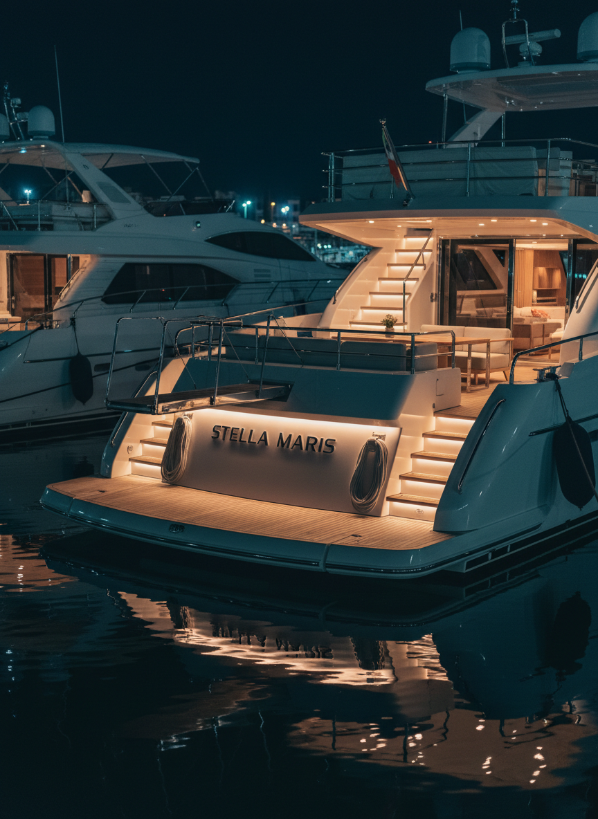A refined, cinematic night shot of a modern motor yacht moored at a prestigious marina, focusing on the illuminated aft deck and passerelle. Warm, indirect LED lighting traces steps and railings, revealing smooth teak decking, carefully coiled mooring lines, and high-gloss white gelcoat surfaces. The yacht’s name, tastefully lit on the transom, reflects softly on the dark, mirror-like water below. Surrounding boats and dock structures fade into a subtle, blurred backdrop of cool blue and charcoal tones. Photographic realism captured from dock level at a slight angle, with controlled highlights and deep, velvety shadows. The atmosphere is discreet, luxurious, and editorial, ideal for high-end brokerage presentations and night-time ambiance portfolios.