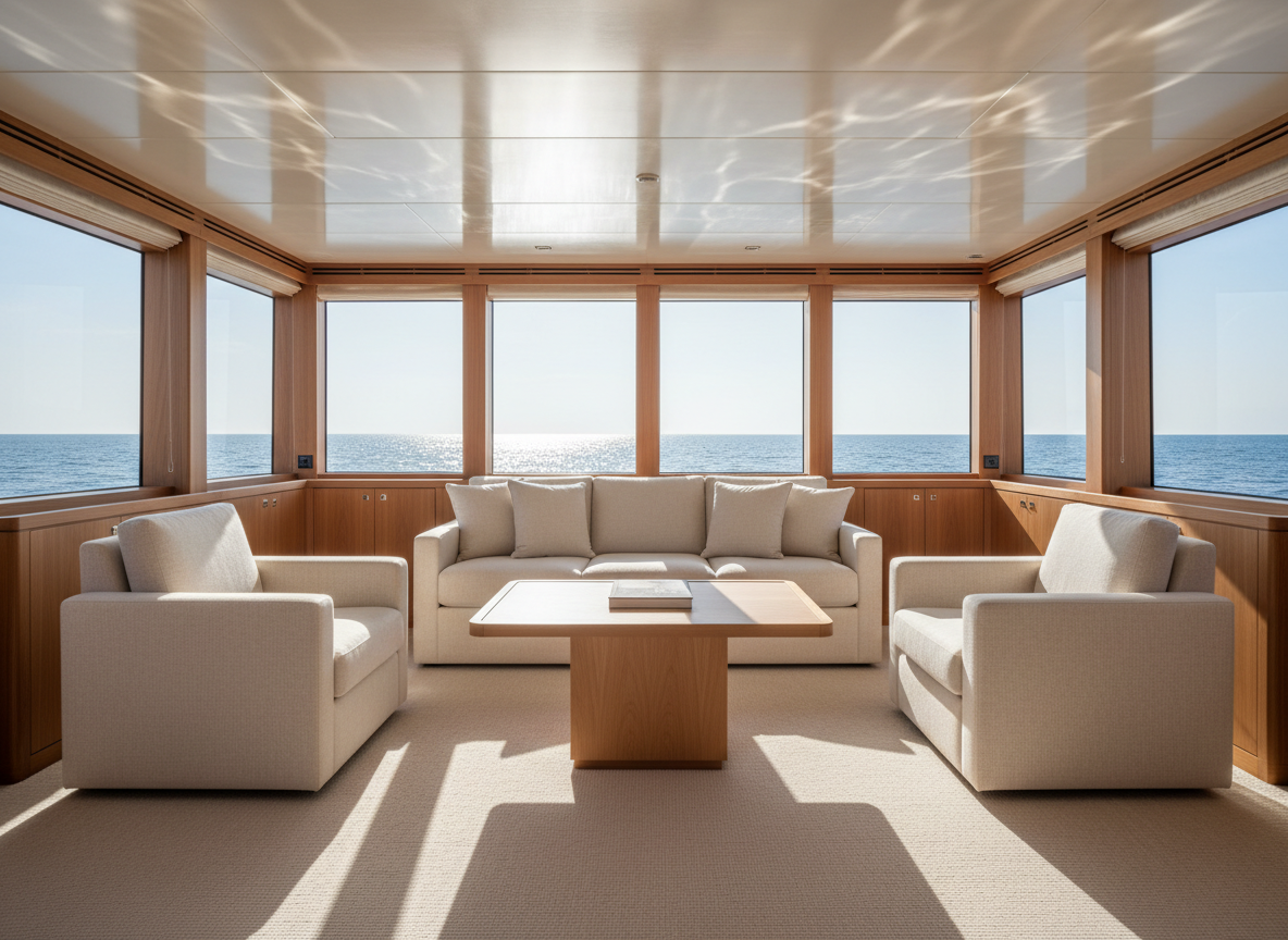 An elegant, sunlit yacht saloon interior, devoid of people, featuring floor-to-ceiling windows framing an azure seascape. The room displays a low, cream-colored linen sofa with impeccably tailored cushions, a minimalist oak coffee table with a single art book, and built-in cabinetry in satin walnut. Sunlight streams through the glass, creating dappled reflections from the water onto the ceiling and casting soft, elongated shadows on the pale carpet. Photographic realism with a warm, inviting palette, captured at eye level with a wide lens while keeping verticals perfectly straight. The composition emphasizes symmetry and negative space, conveying refined comfort and discretion for charter and sales marketing imagery.