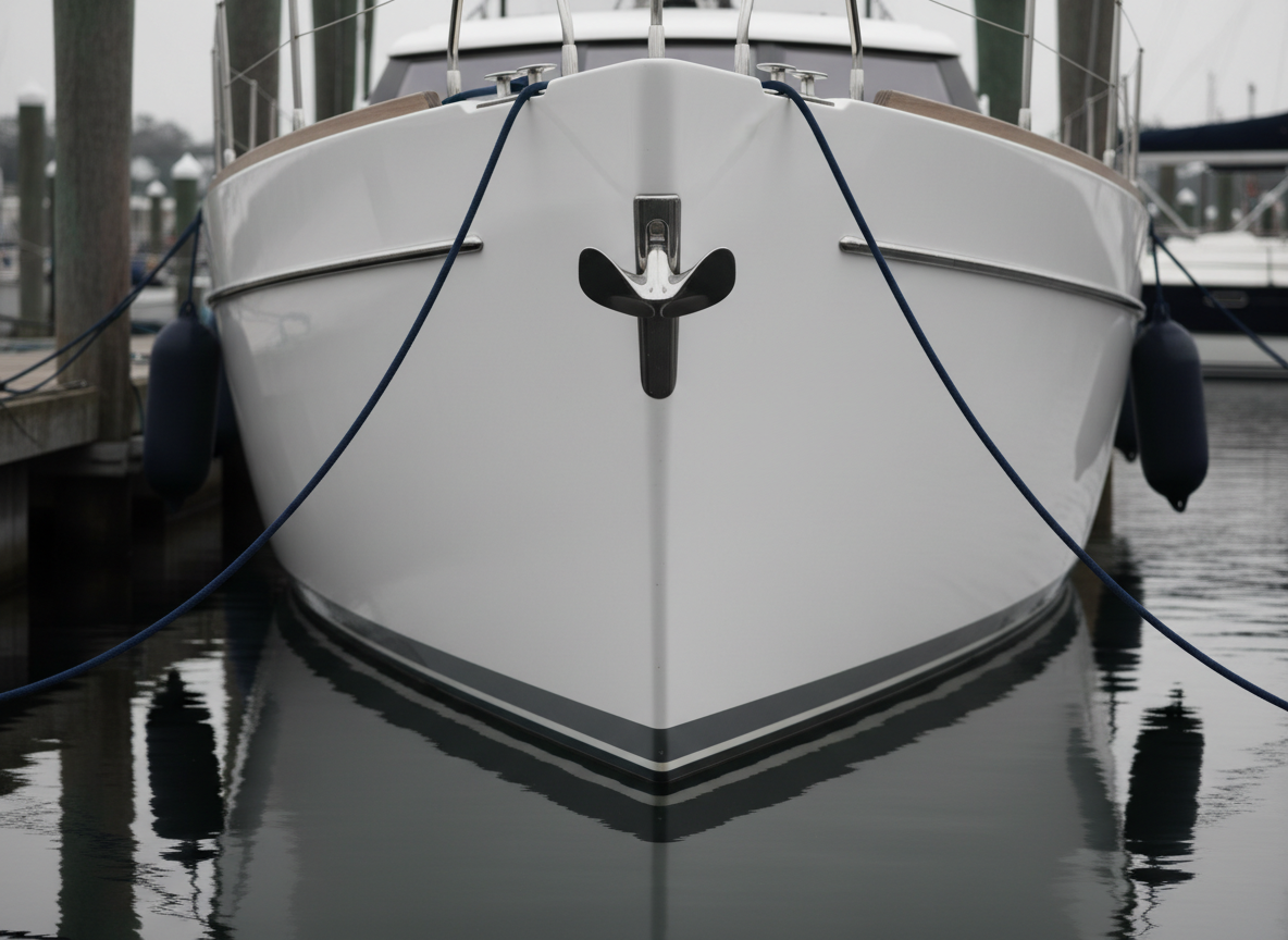 A minimalist detail study of a yacht’s bow at dock, viewed close and low from water level. The sharp, vertical stem in flawless white gelcoat plunges into dark, reflective water, where mooring lines form calm, sweeping arcs. A single polished stainless bow roller and anchor housing catch soft, overcast daylight, producing quiet, controlled reflections. The background is intentionally muted: a blurred suggestion of dock edges and fenders. Photographic realism with a restrained, almost monochrome palette, emphasizing form, line, and negative space. The mood is contemplative and refined, perfect for sophisticated portfolio work and branding imagery that highlights design purity and craftsmanship without distraction.