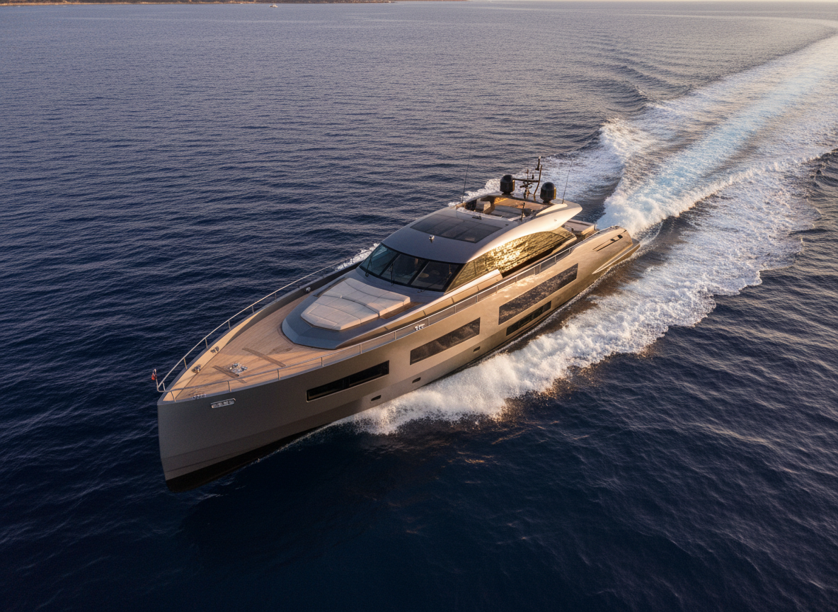 A dynamic aerial view of a performance yacht slicing through deep cobalt water at speed, creating a clean, V-shaped wake of white foam. The sun glints off the sleek, dark metallic hull and tinted windows, while the foredeck’s pale teak appears almost golden. No one is visible on deck; instead, the focus is on the sculpted exterior design and hydrodynamic shape. Late afternoon sunlight from one side sculpts the superstructure, emphasizing curves and angles with crisp highlights and shadows. Photographic realism with a dramatic, cinematic mood, shot from a high drone perspective. The composition is diagonal and energetic, ideal for editorial spreads and broker listings emphasizing performance and style.