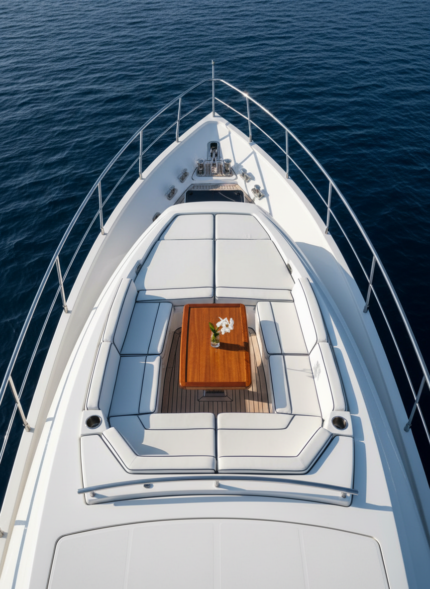 An ultra-luxury yacht’s foredeck lounge captured from above, showing an immaculate, symmetrically arranged sunpad area with crisp white cushions, fine navy piping, and integrated cup holders in brushed stainless steel. A varnished teak coffee table with a single minimalist flower arrangement sits center frame. Surrounding this, the white hull curves gracefully toward the bow, meeting a taut stainless guardrail. The yacht floats on deep sapphire water, barely rippled. Soft, overhead mid-morning sunlight ensures even, flattering illumination, with gentle, precise shadows defining geometry. Photographic realism with a clean, architectural feel, framed using rule of thirds to highlight lifestyle spaces without any people, ideal for charter brochures and editorial layouts.