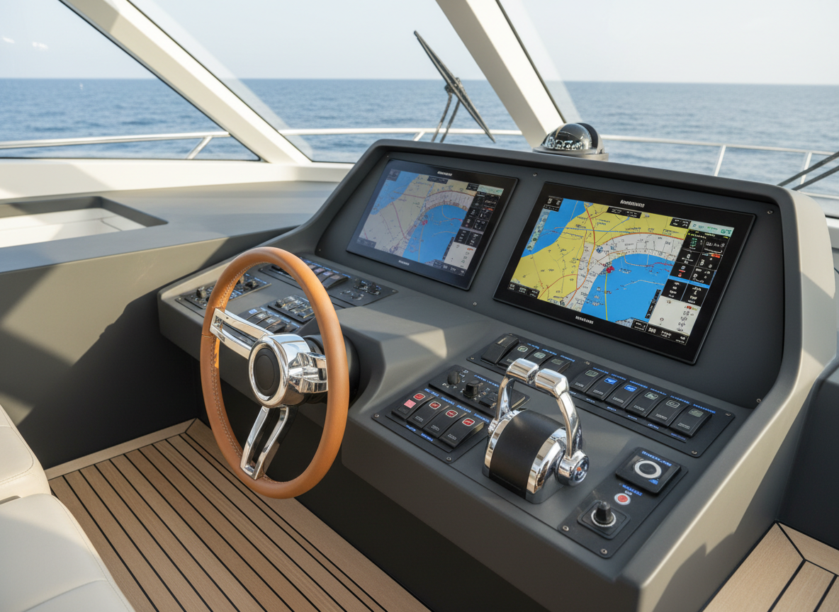 A pristine yacht helm station captured in meticulous detail, showcasing twin high-resolution navigation screens, a polished stainless-steel wheel wrapped in stitched leather, and an organized array of backlit controls. The console, in matte dark graphite, contrasts elegantly with light teak flooring below. Through the expansive windscreen, a softly blurred horizon of open sea suggests motion and freedom. Soft, diffused daylight filters in, avoiding harsh reflections while creating subtle glints on metallic switches. Photographic realism, shot from slightly above and off-center to emphasize depth and ergonomics. The mood is technical yet luxurious, communicating precision, reliability, and sophistication for editorial features and sales catalogues focused on equipment and bridge design.