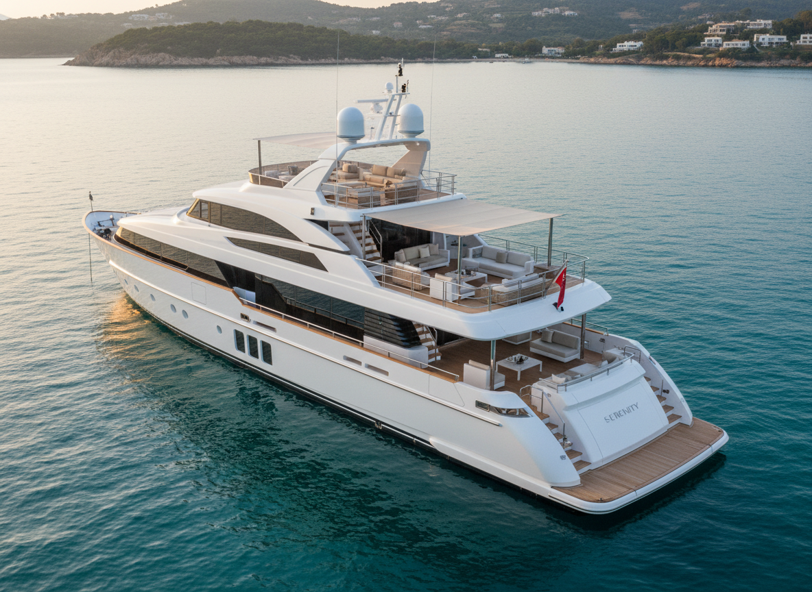 A sleek, 50-meter white superyacht at anchor in a calm Mediterranean bay, hull lines crisp and reflective against glassy turquoise water. The yacht fills the frame in three-quarter view, emphasizing polished stainless-steel railings, expansive teak decks, and large shaded aft lounges. Early golden hour sunlight grazes the surfaces, creating elegant highlights along the sheerline and soft shadows under the overhangs. In the background, a distant, softly blurred coastline gently suggests exclusivity without distraction. Photographic realism with a clean, modern aesthetic, shot from a slightly elevated angle with sharp focus throughout. The mood is sophisticated, serene, and aspirational, ideal for a luxury yacht photography portfolio homepage.